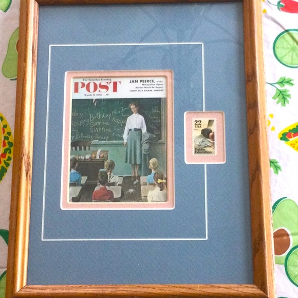 Framed Saturday Evening Post teacher by Norman Rockwell. 22cent stamp 1985 - Picture 1 of 6